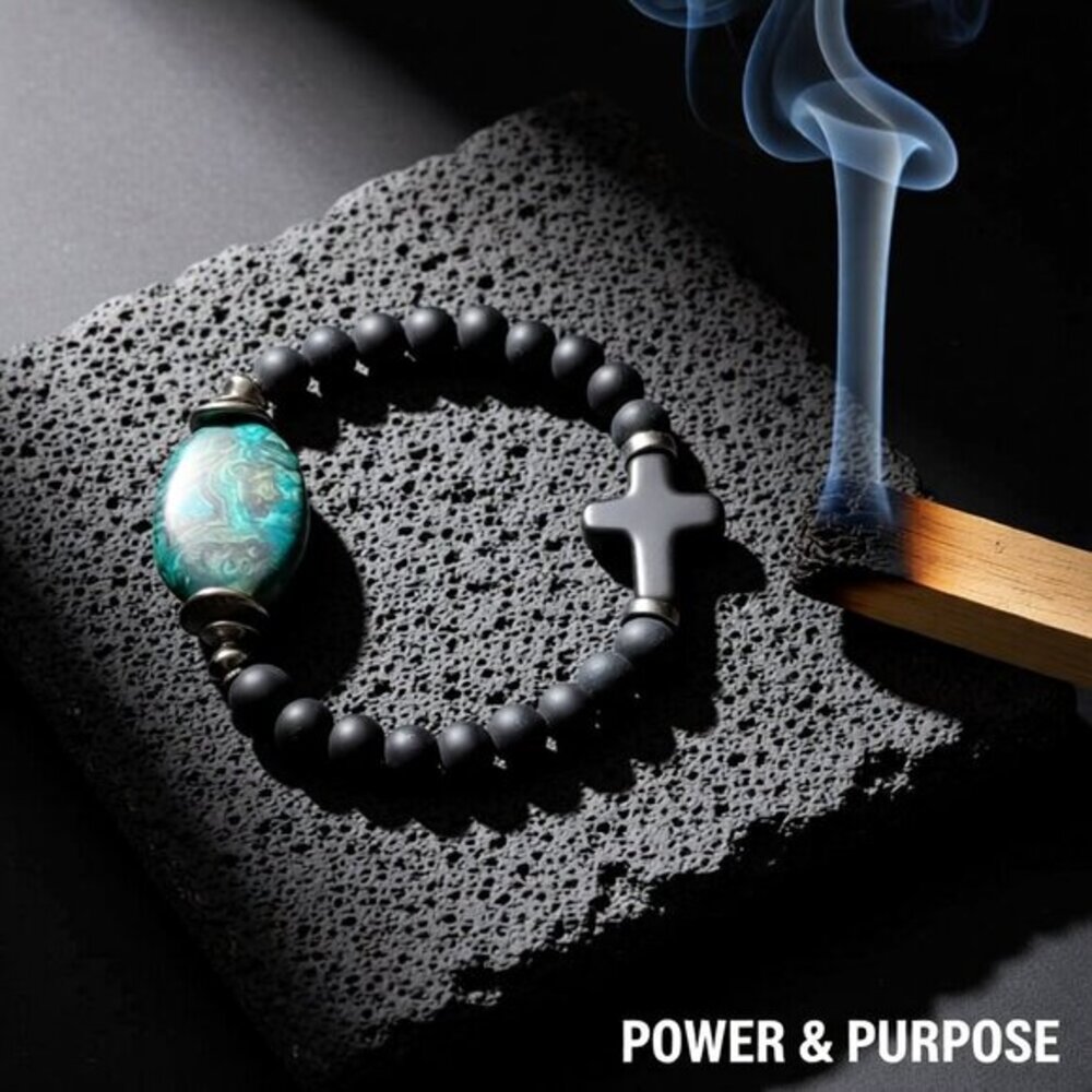 Blue Gray & Black - Crazy Lace Agate + Cross Bracelet - 6-6.5" Wrists ~ Faith!